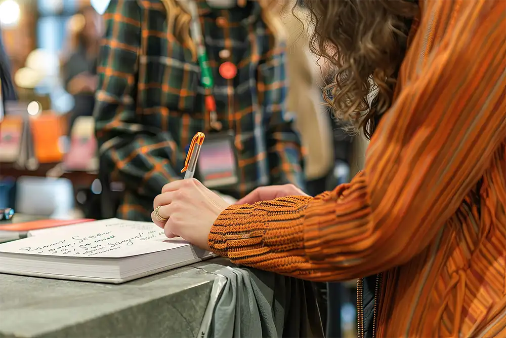 Writer signing copies of their best-selling book at a book signing event